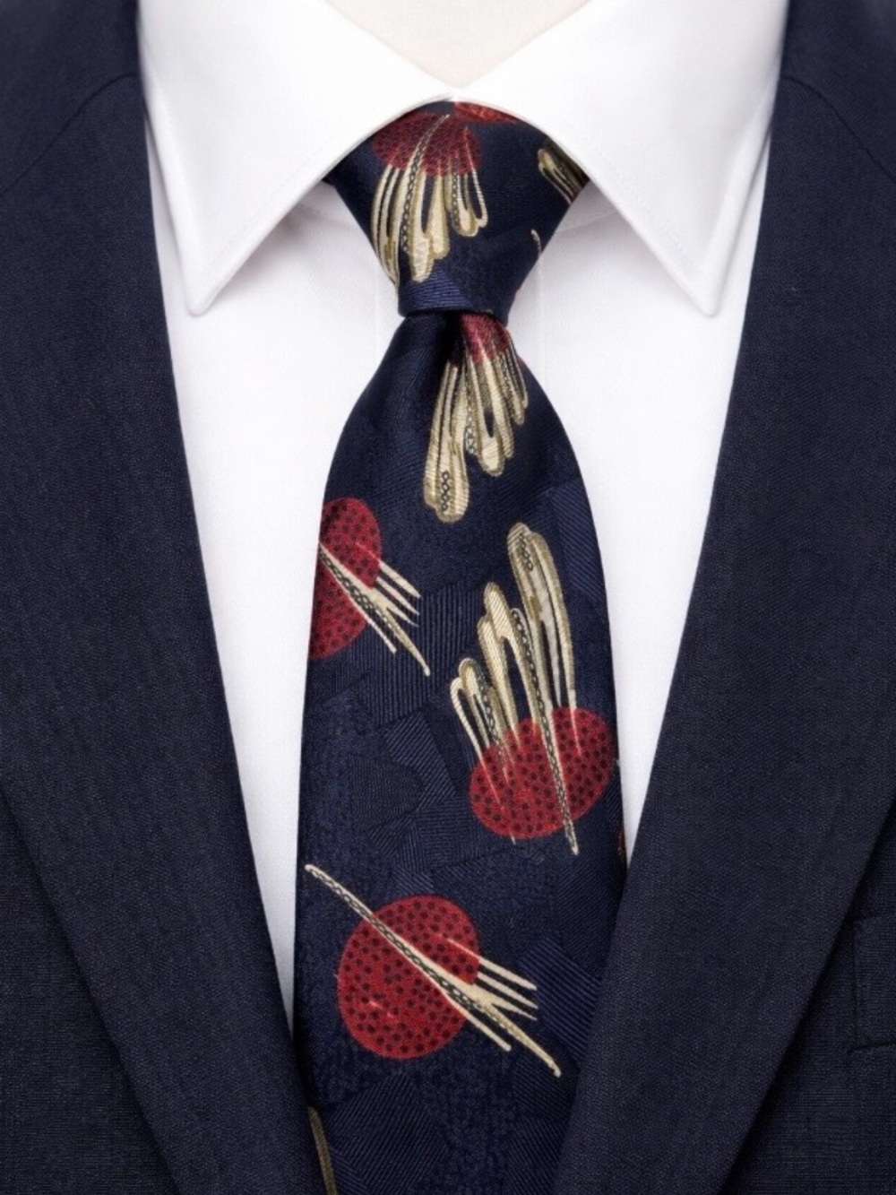 VTG Neiman Marcus Silk Tie Navy Red Taupe Abstract Sunburst Geometric Design USA